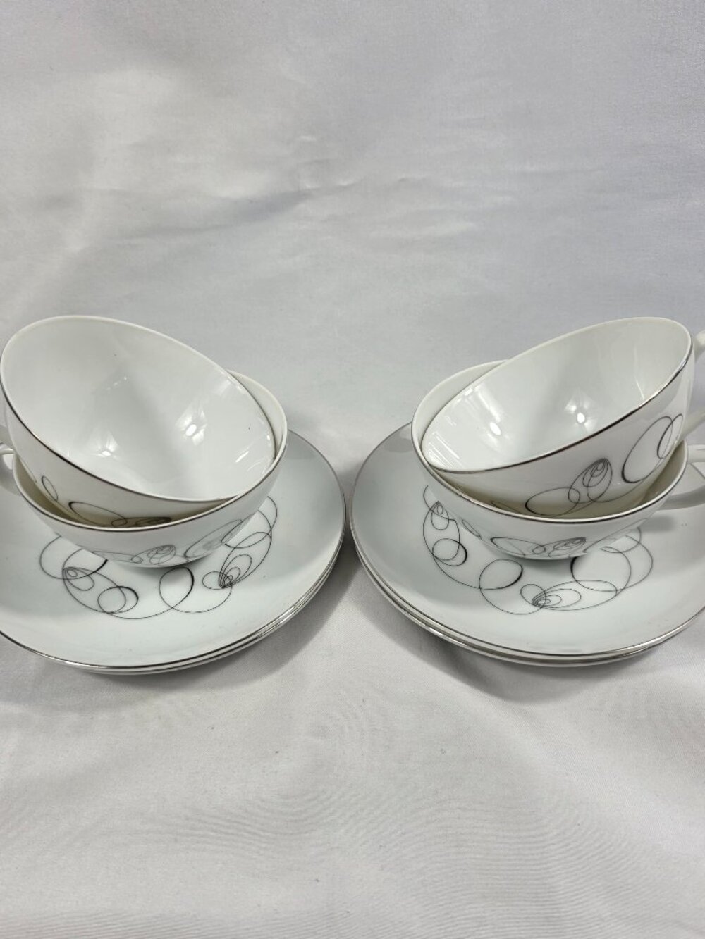 FOUR Meito Tempo Cup & Saucer Sets White with Black Spirals Lines